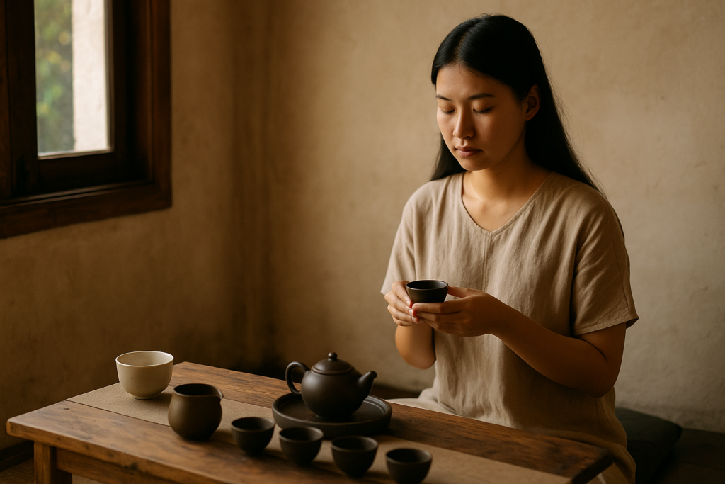 Khách hàng trẻ cảm nhận sự an yên khi trải nghiệm trà đạo.