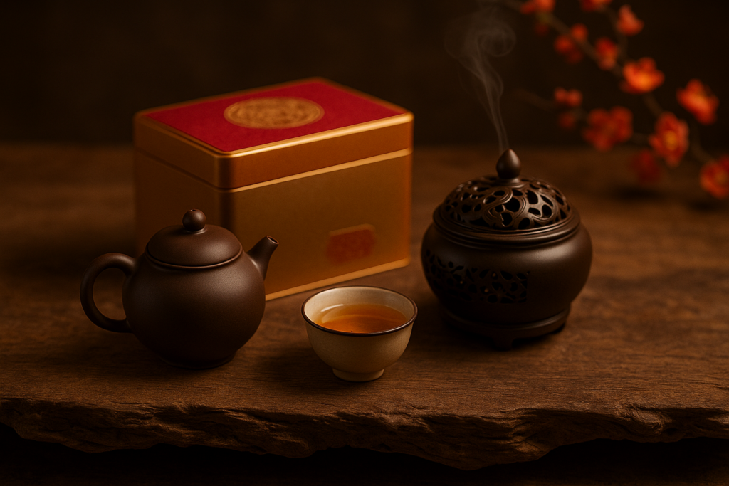 Quà Trà Tết 2026 – Gợi Ý Set Trà Biếu Sang Trọng & Ý Nghĩa Set quà trà – ấm – trầm Ý Trà Quán, biểu trưng cho an lành đầu xuân.