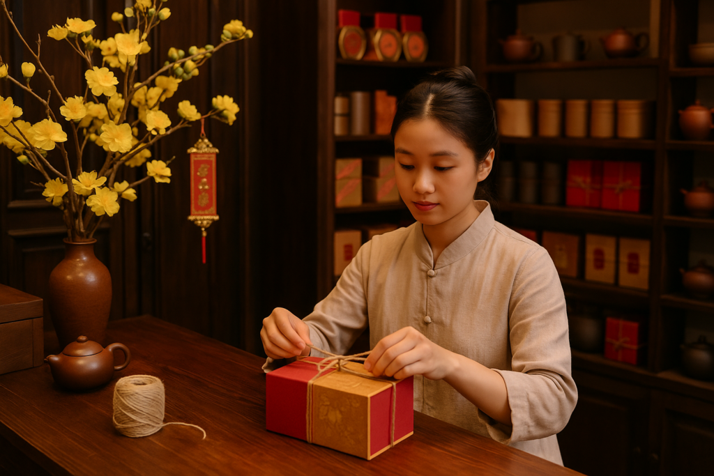Quà Trà Tết 2026 – Gợi Ý Set Trà Biếu Sang Trọng & Ý Nghĩa Nhân viên Ý Trà Quán gói quà trà Tết tại cửa hàng 29 Lò Sũ, Hoàn Kiếm.