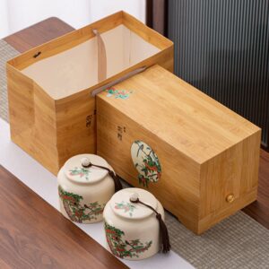 Hũ trà quà tặng Hồng Như Ý - bộ 2 hũ sứ kèm hộp và túi xách vân tre