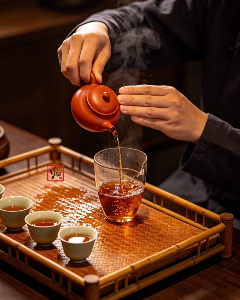 Bàn tay rót trà từ ấm chu nê đỏ cam ra chén tống trong bộ pha trà công phu