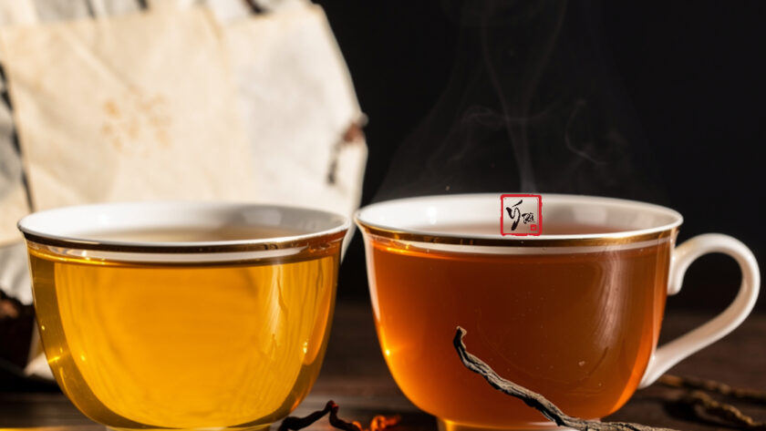 Lão Ban Chương Và Băng Đảo: Phân Biệt "Vua" Và "Hậu" Của Phổ Nhĩ Cổ Thụ Hai chén trà phổ nhĩ Lão Ban Chương và Băng Đảo đặt cạnh bánh trà cổ thụ trên bàn gỗ