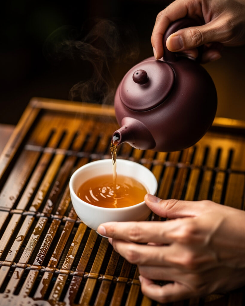 Trà Nhục Quế Vũ Di Là Gì? Giải Mã "Nham Vận" Và Câu "Hương Bất Quá Nhục Quế" ót trà nhục quế Vũ Di từ ấm tử sa ra chén, nước trà màu hổ phách trong bộ pha công phu