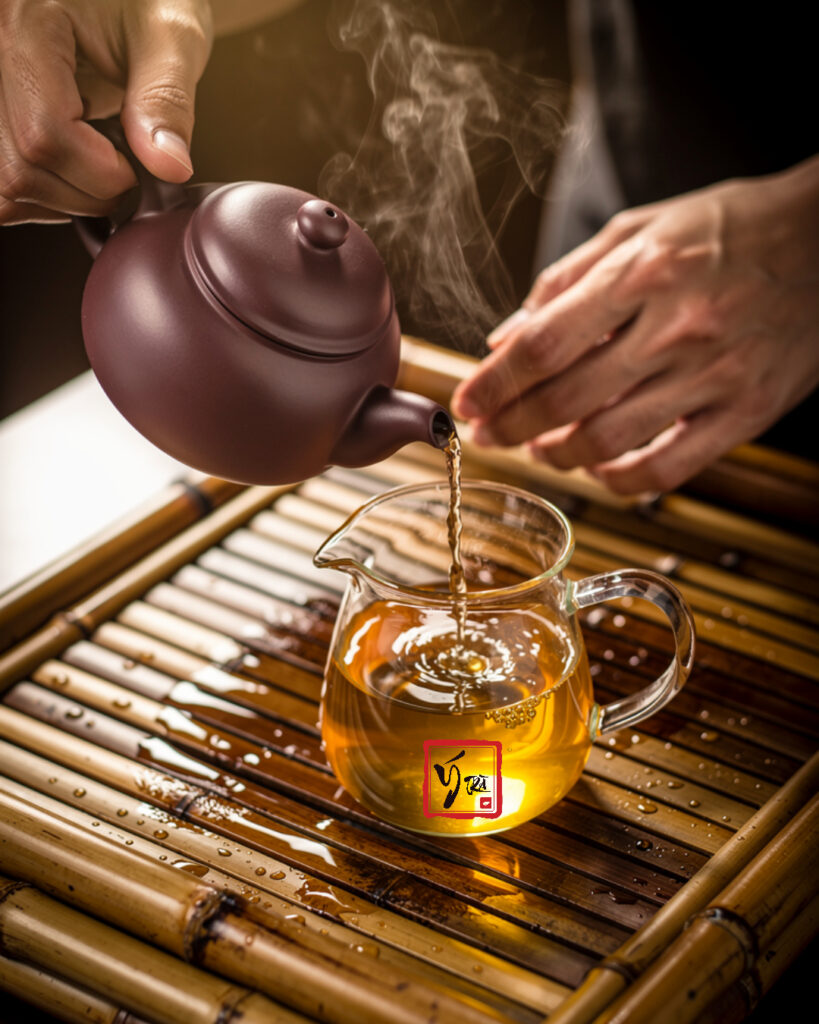 Lão Ban Chương Và Băng Đảo: Phân Biệt "Vua" Và "Hậu" Của Phổ Nhĩ Cổ Thụ Rót trà phổ nhĩ sống cổ thụ màu vàng óng từ ấm tử sa ra chén tống trên khay tre