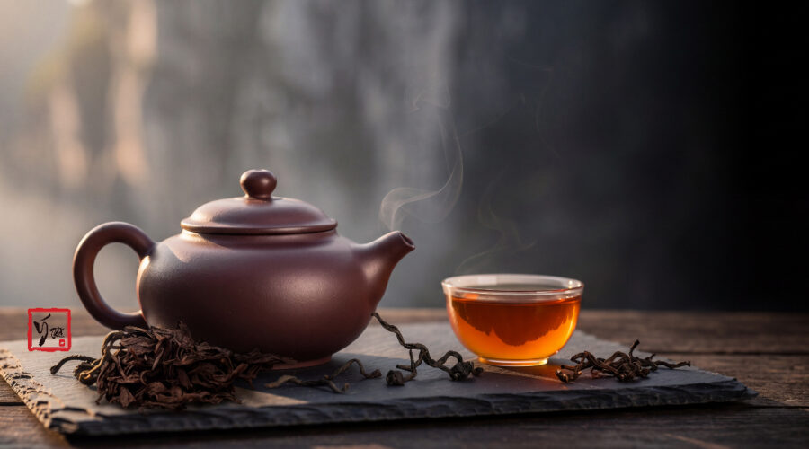 Ấm tử sa và chén trà nhục quế Vũ Di nước hổ phách trên nền đá – ảnh đại diện bài viết
