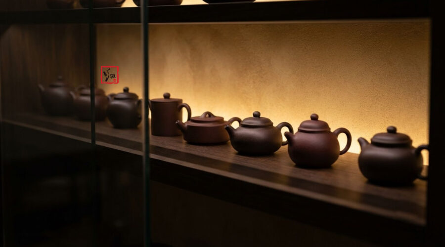 Chất liệu ấm pha trà: tử sa, sứ hay thủy tinh Chất liệu ấm pha trà tử sa trên kệ trưng bày đèn vàng ấm